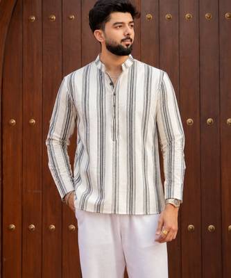Ethnic off white color swiss linen fabric designer printed casual short kurta for men's 1