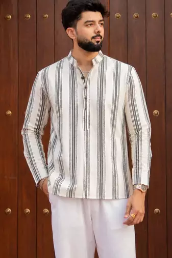 Ethnic off white color swiss linen fabric designer printed casual short kurta for men's