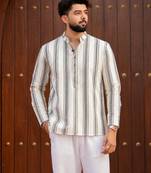 Ethnic off white color swiss linen fabric designer printed casual short kurta for men's