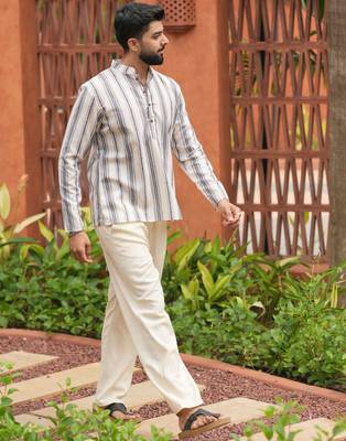 Ethnic off white color swiss linen fabric designer printed casual short kurta for men's 2
