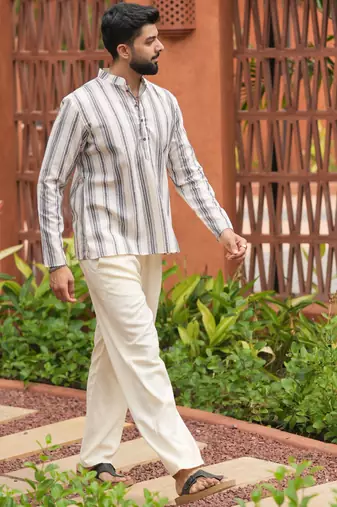 Ethnic off white color swiss linen fabric designer printed casual short kurta for men's