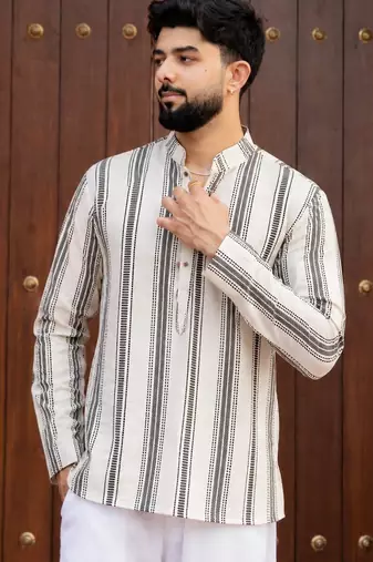 Ethnic off white color swiss linen fabric designer printed casual short kurta for men's