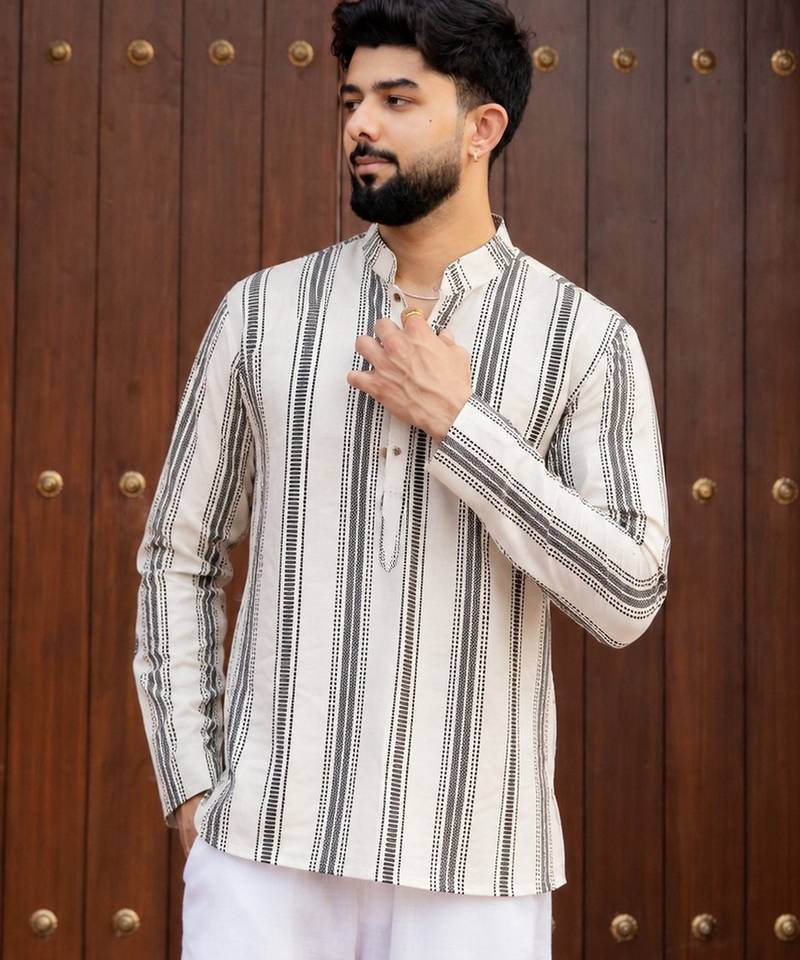 Ethnic off white color swiss linen fabric designer printed casual short kurta for men's