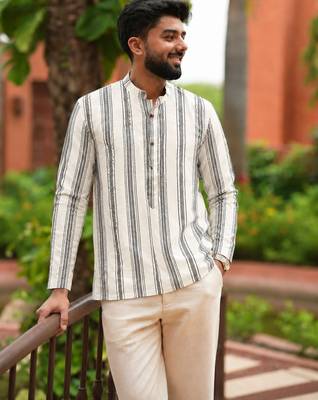Ethnic off white color swiss linen fabric designer printed casual short kurta for men's 4