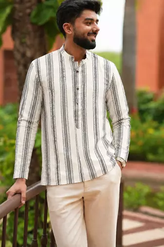 Ethnic off white color swiss linen fabric designer printed casual short kurta for men's