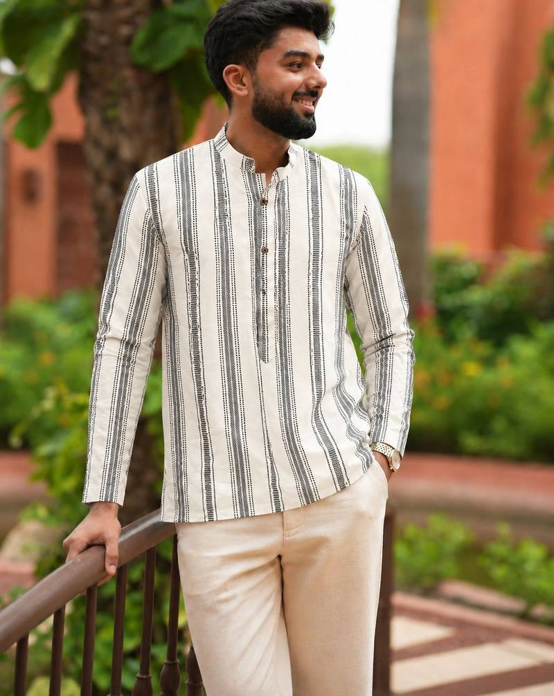 Ethnic off white color swiss linen fabric designer printed casual short kurta for men's