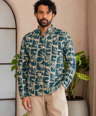 Blue color smart and ethnic swiss linen fabric fetive printed short kurta for men's trendy looks 1