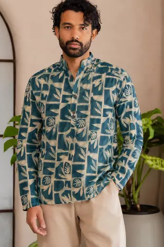 Blue color smart and ethnic swiss linen fabric fetive printed short kurta for men's trendy looks