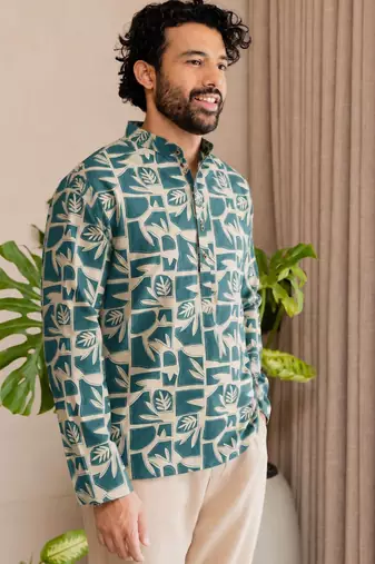 Blue color smart and ethnic swiss linen fabric fetive printed short kurta for men's trendy looks