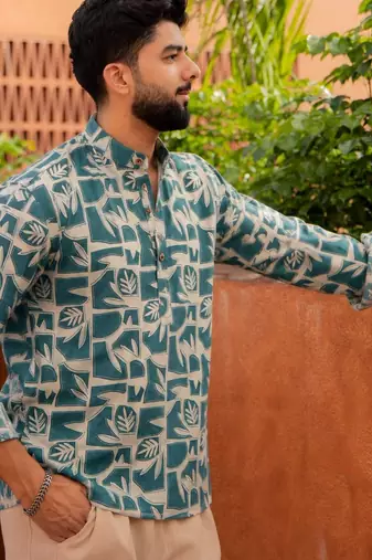 Blue color smart and ethnic swiss linen fabric fetive printed short kurta for men's trendy looks