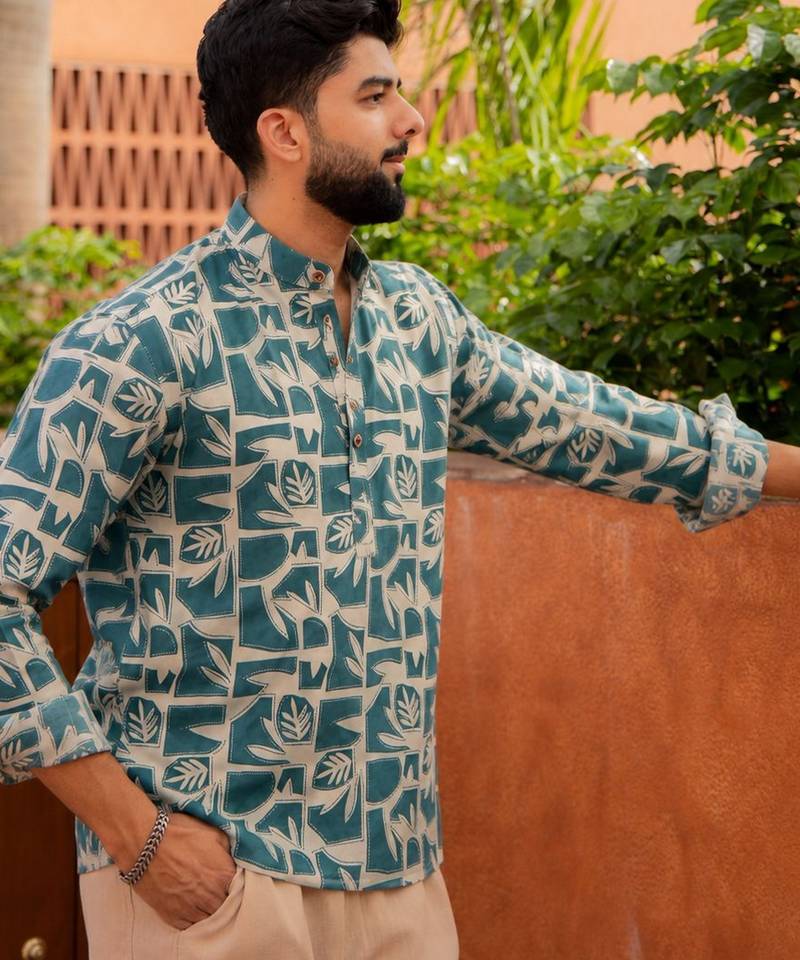 Blue color smart and ethnic swiss linen fabric fetive printed short kurta for men's trendy looks