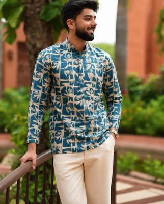 Blue color smart and ethnic swiss linen fabric fetive printed short kurta for men's trendy looks 4