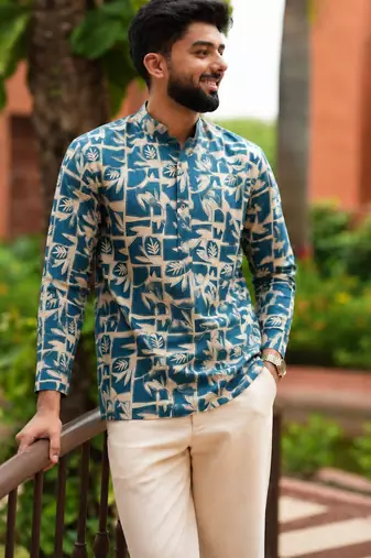 Blue color smart and ethnic swiss linen fabric fetive printed short kurta for men's trendy looks