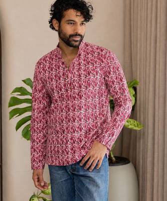 Pink color smart and ethnic swiss linen fabric fetive printed short kurta for men's trendy looks 1