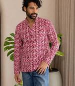 Pink color smart and ethnic swiss linen fabric fetive printed short kurta for men's trendy looks