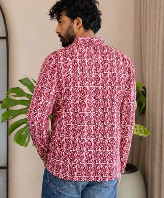 Pink color smart and ethnic swiss linen fabric fetive printed short kurta for men's trendy looks 2