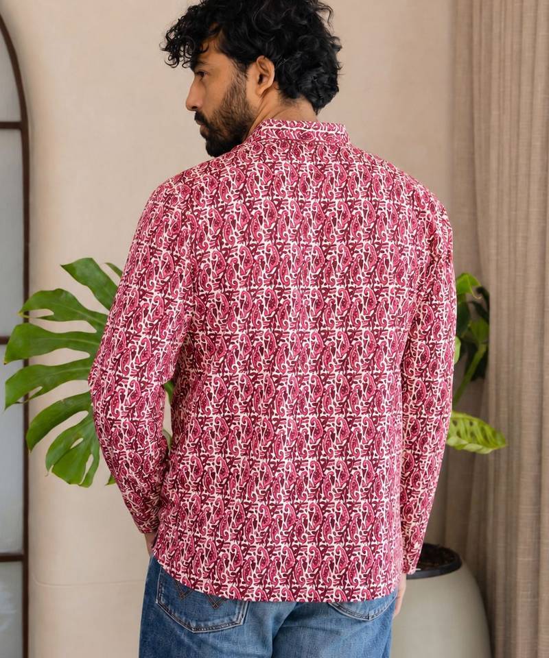 Pink color smart and ethnic swiss linen fabric fetive printed short kurta for men's trendy looks