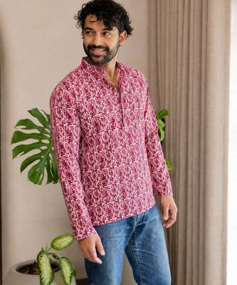 Pink color smart and ethnic swiss linen fabric fetive printed short kurta for men's trendy looks 3
