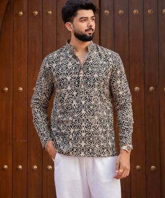 Black color smart and ethnic swiss linen fabric fetive printed short kurta for men's trendy looks 1