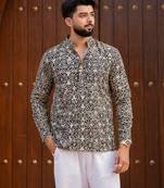 Black color smart and ethnic swiss linen fabric fetive printed short kurta for men's trendy looks