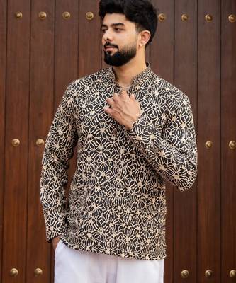 Black color smart and ethnic swiss linen fabric fetive printed short kurta for men's trendy looks 2