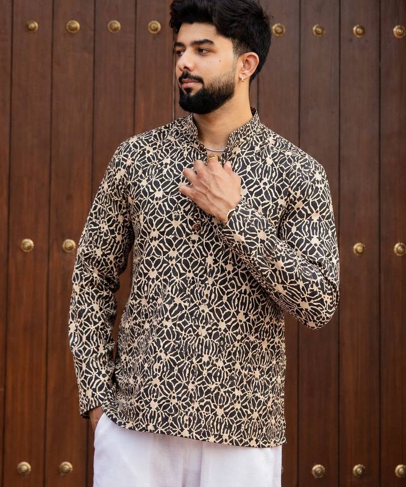 Black color smart and ethnic swiss linen fabric fetive printed short kurta for men's trendy looks