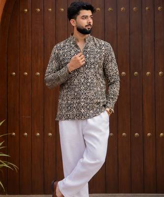 Black color smart and ethnic swiss linen fabric fetive printed short kurta for men's trendy looks 3
