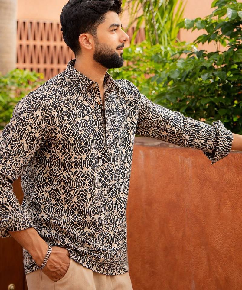 Black color smart and ethnic swiss linen fabric fetive printed short kurta for men's trendy looks
