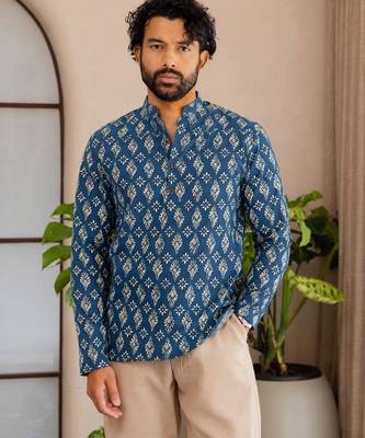 Blue color smart and ethnic swiss linen fabric fetive printed short kurta for men's trendy looks 1
