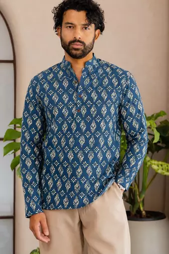 Blue color smart and ethnic swiss linen fabric fetive printed short kurta for men's trendy looks