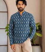 Blue color smart and ethnic swiss linen fabric fetive printed short kurta for men's trendy looks