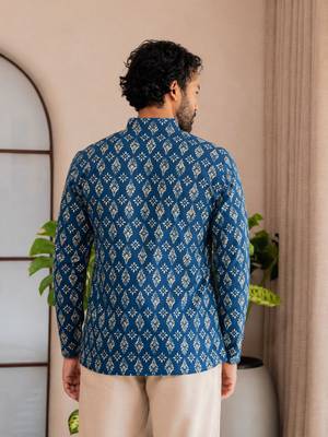 Blue color smart and ethnic swiss linen fabric fetive printed short kurta for men's trendy looks 2