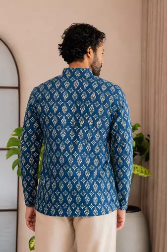 Blue color smart and ethnic swiss linen fabric fetive printed short kurta for men's trendy looks