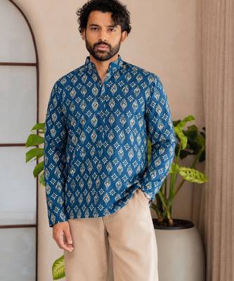 Blue color smart and ethnic swiss linen fabric fetive printed short kurta for men's trendy looks 3