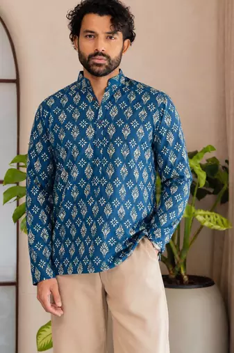 Blue color smart and ethnic swiss linen fabric fetive printed short kurta for men's trendy looks