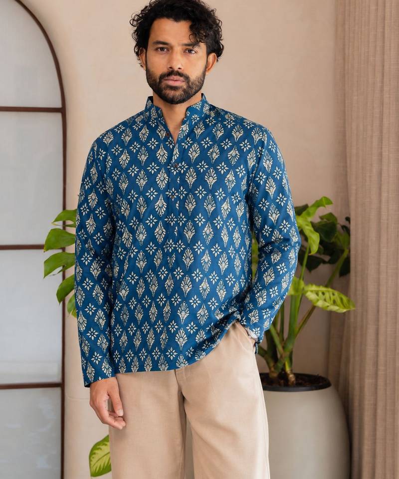 Blue color smart and ethnic swiss linen fabric fetive printed short kurta for men's trendy looks