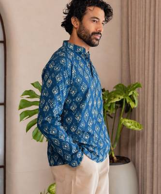 Blue color smart and ethnic swiss linen fabric fetive printed short kurta for men's trendy looks 4