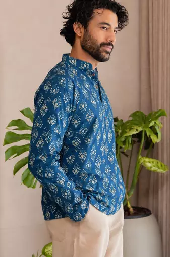 Blue color smart and ethnic swiss linen fabric fetive printed short kurta for men's trendy looks