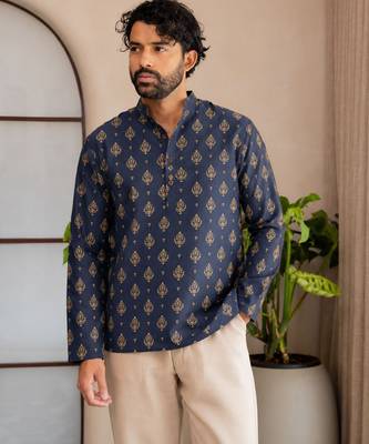 Nevy blue color smart and ethnic swiss linen fabric fetive printed short kurta for men's trendy looks 1