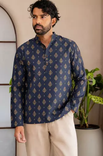 Nevy blue color smart and ethnic swiss linen fabric fetive printed short kurta for men's trendy looks