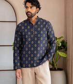 Nevy blue color smart and ethnic swiss linen fabric fetive printed short kurta for men's trendy looks