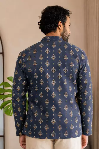 Nevy blue color smart and ethnic swiss linen fabric fetive printed short kurta for men's trendy looks