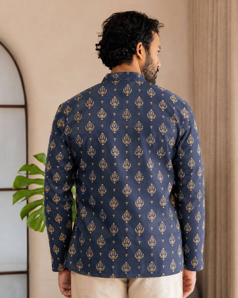 Nevy blue color smart and ethnic swiss linen fabric fetive printed short kurta for men's trendy looks