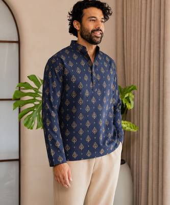 Nevy blue color smart and ethnic swiss linen fabric fetive printed short kurta for men's trendy looks 3