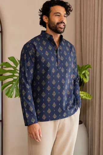 Nevy blue color smart and ethnic swiss linen fabric fetive printed short kurta for men's trendy looks