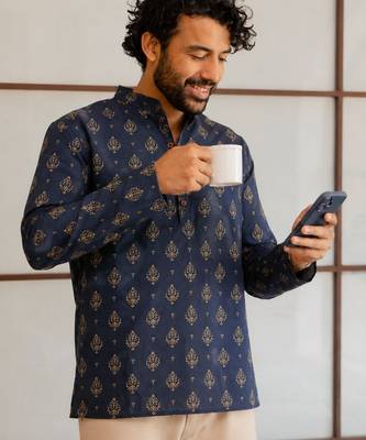 Nevy blue color smart and ethnic swiss linen fabric fetive printed short kurta for men's trendy looks 4