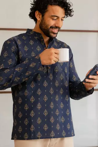 Nevy blue color smart and ethnic swiss linen fabric fetive printed short kurta for men's trendy looks