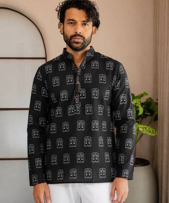 Black color smart and ethnic swiss linen fabric fetive printed short kurta for men's trendy looks 1