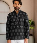 Black color smart and ethnic swiss linen fabric fetive printed short kurta for men's trendy looks