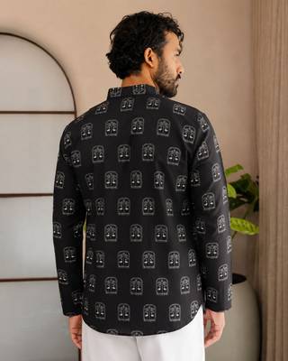 Black color smart and ethnic swiss linen fabric fetive printed short kurta for men's trendy looks 2